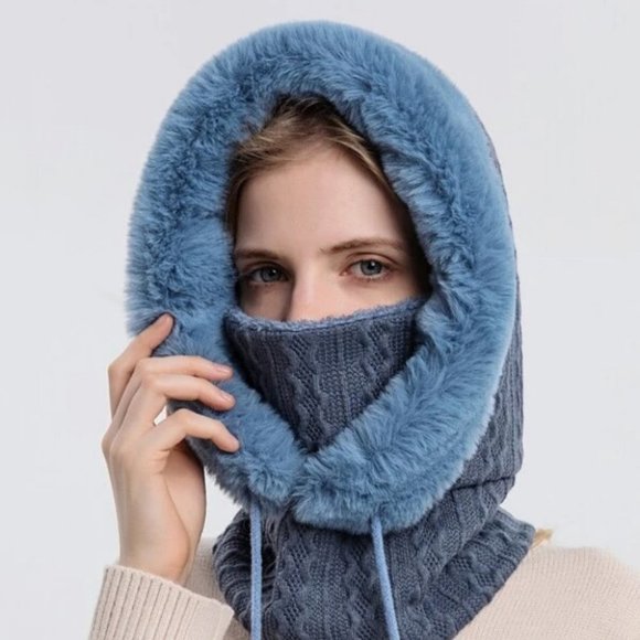 Blue Faux fur trimmed Panel Drawstring Hat winter - Picture 1 of 6